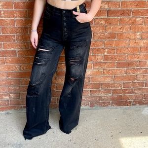 VIBRANT MIU Baller wide leg distressed super high rise black jeans